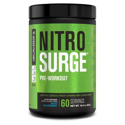Jacked Factory NITROSURGE Pre Workout Supplement - Energy Booster, Instant Strength Gains, Clear Focus, & Intense Pumps - NO Booster & Powerful Preworkout Energy Powder - 60 Servings, Blue Raspberry
