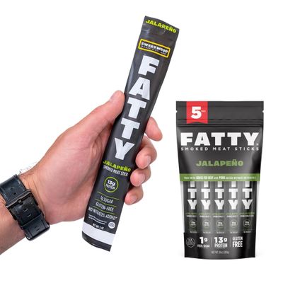 FATTY Meat Sticks, Made with Grass Fed Beef, Pork Raised Without Antibiotics, 13g Protein Per Stick, Jalapeno, Valentine's Day Gift For Him, 2 oz. (Pack of 5)