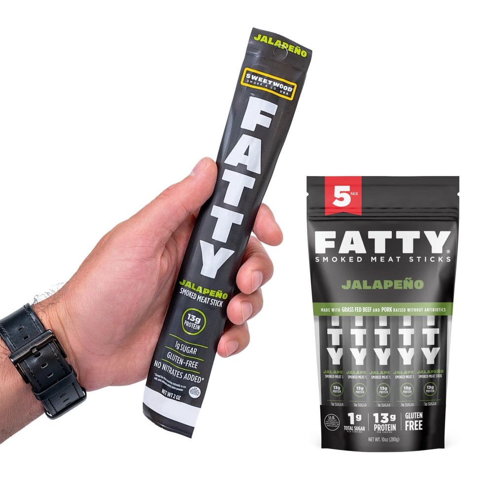 FATTY Meat Sticks, Made with Grass Fed Beef, Pork Raised Without Antibiotics, 13g Protein Per Stick, Jalapeno, Valentine's Day Gift For Him, 2 oz. (Pack of 5)