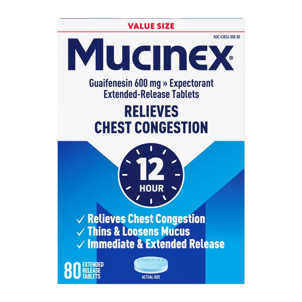 Mucinex 12 Hour 600 mg Guaifenesin Extended-Release Tablets for Excess Mucus Relief, Expectorant Aids Excess Mucus Removal, Chest Congestion Relief, 80 Bi-Layer Tablets