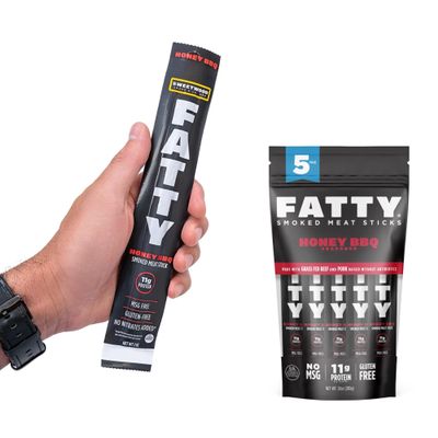 FATTY Meat Sticks, Made with Grass Fed Beef, Pork Raised Without Antibiotics, 11g Protein Per Stick, Honey BBQ, Valentine's Day Gift For Him, 2 oz. (Pack of 5)