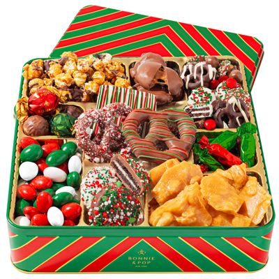 Bonnie and Pop's Holiday Tin- with Assorted Christmas Chocolate, Cookies, Pretzels  Festive, Corporate, Family, Gift Basket Idea for Men and Women (Extra Large)