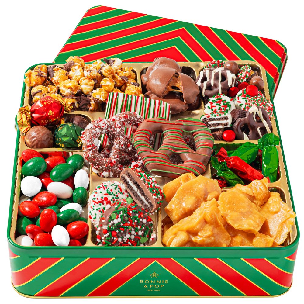 Bonnie and Pop's Holiday Tin- with Assorted Christmas Chocolate, Cookies, Pretzels Festive, Corporate, Family, Gift Basket Idea for Men and Women (Extra Large)