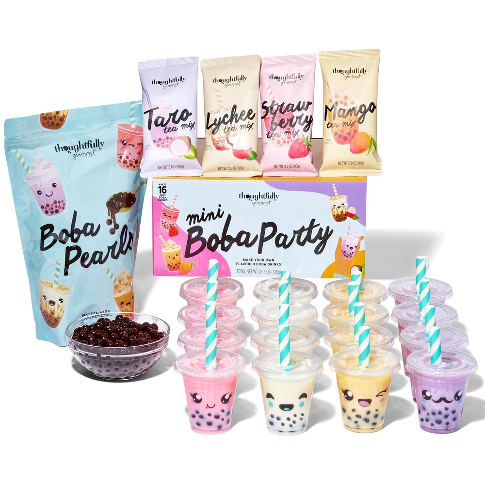 Thoughtfully, Mini Boba Pearl Party Set, Makes 16 Tasting Portions of Bubble Tea, Includes 4 Flavors, Cups, Lids, Straws, & Stickers, Boba Milk Tea Party Kit
