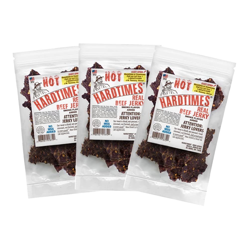 Hardtimes Handcrafted Beef Jerky - Hot Flavor - 3 Pack of 4 oz. Bags