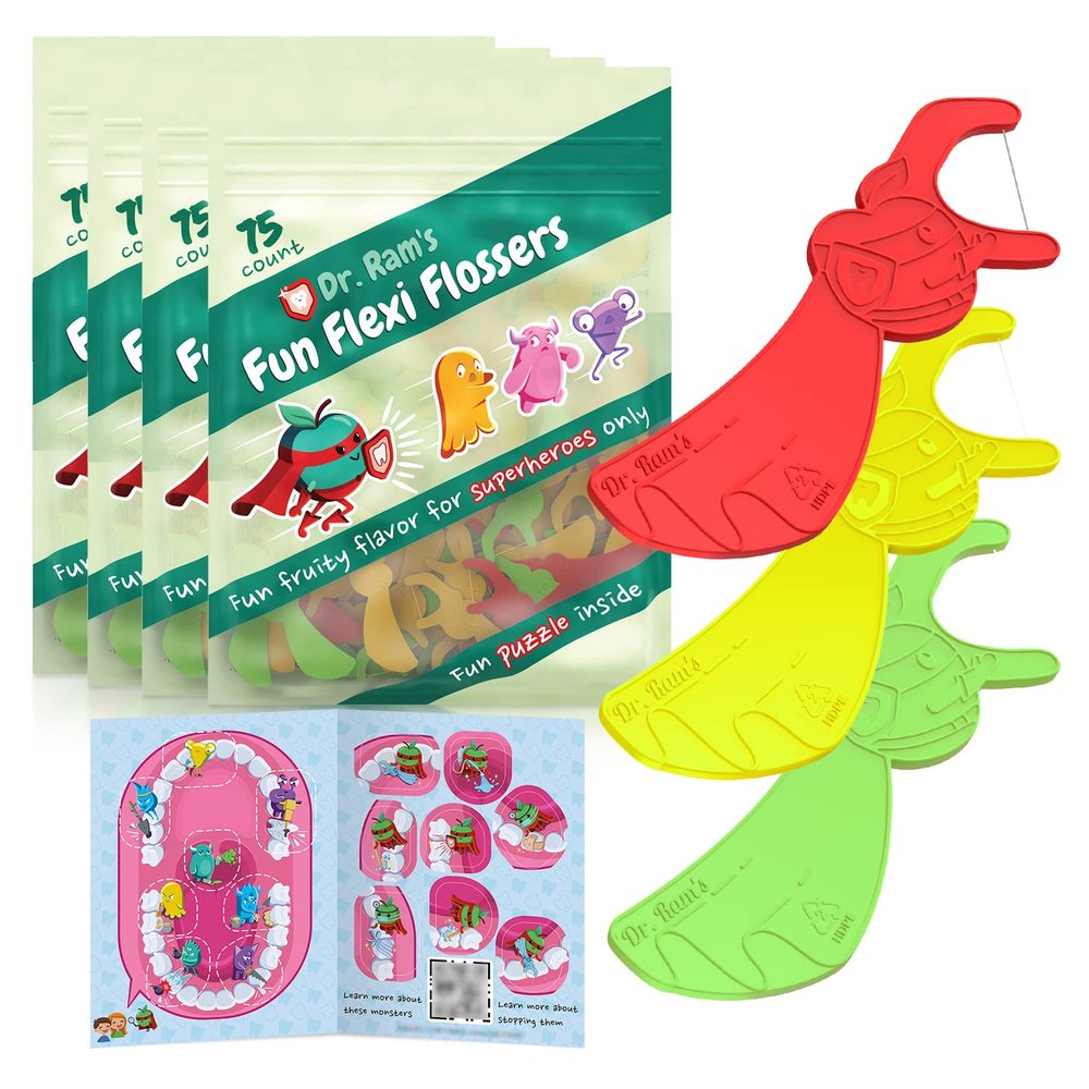 Dr. Ram's Fun Flexi Flossers for Kids - 300 Count Kids Dental Floss - Anti-Ouch Shape with Puzzle and Game - Light Citrus Fruit Scent Kid Floss