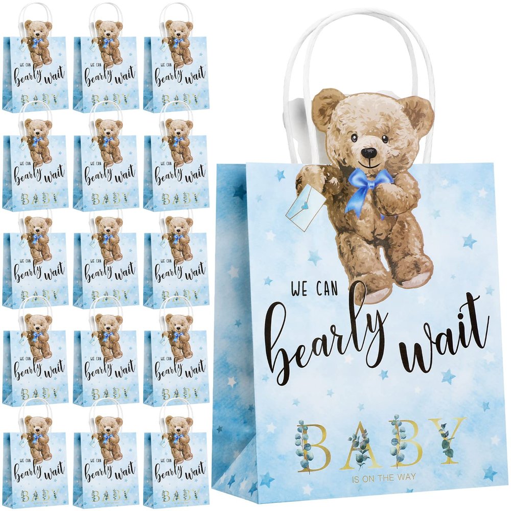 Tinlade 32 Pcs Bear Baby Shower Bags Bear Paper Gift Bags with Handles We Can Bearly Wait Baby Shower Party Favors Decorations for Birthday Party Wedding Games Prizes