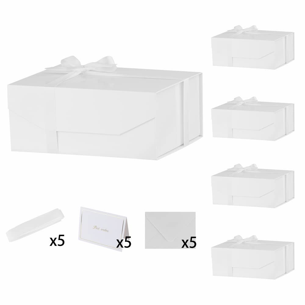 PACKGILO 5PCS White Gift Box with Ribbon 9.5x7x4 InchesSturdy Gift Box with Lid for Gift Packaging, Foldable Magnetic Closure Storage Boxes, Bridesmaid proposal box, Rectangle Collapsible Box