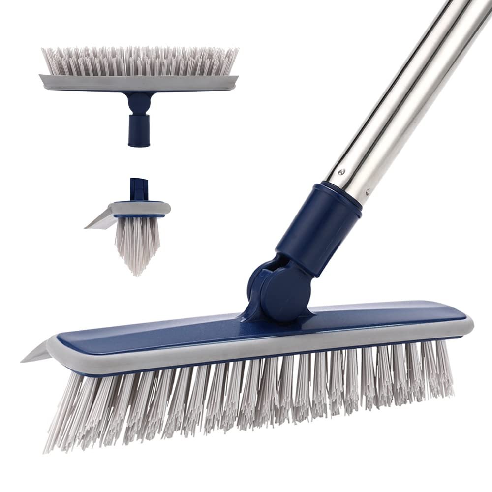 2 in 1 Floor Scrub Brush Grout Brush with 57.8" Long Handle,120Rotatable Shower Tile Grout Scrubber,V-Shaped Corner Brush for Hard to Reach Areas (Grey)