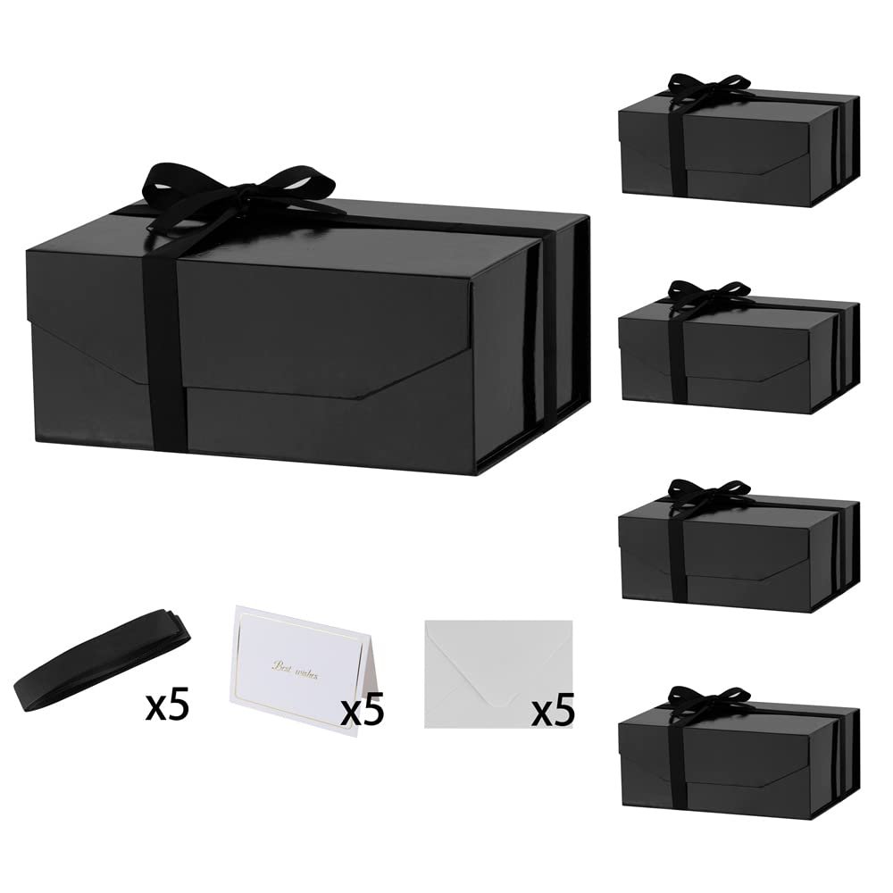 PACKGILO 5PCS Black Gift Box with Ribbon 9.5x7x4 InchesSturdy Gift Box with Lid for Gift Packaging, Foldable Magnetic Closure Storage Boxes, Bridesmaid proposal box, Rectangle Collapsible Box