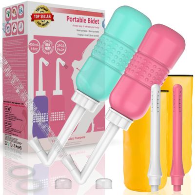 2PCS-Pack 2IN1 Intimate Wash for Women,2 NozzleShort+Long,Portable Bidet Travel Bidets with Waterproof Cap + Storage Bag,Peri Bottle for Postpartum Care (Pink+Green)
