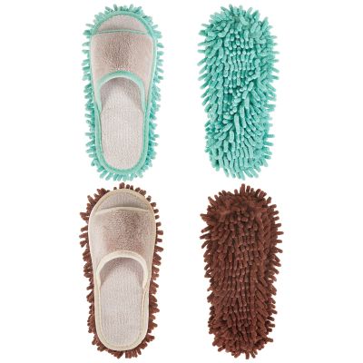 Jecery 2 Pairs Microfiber Cleaning Mop Slippers for Floor Cleaning House Mop Shoes Men and Women Washable Unisex Dusting Slippers Dirt Tool Supplies(Medium,Green, Coffee)