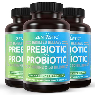Zentastic Probiotics & Prebiotics Supplement - 50 Billion CFU - for Men & Womens Immune & Digestive Health - 16 Strains - Shelf Stable - 180 Delayed Release Veggie Capsules