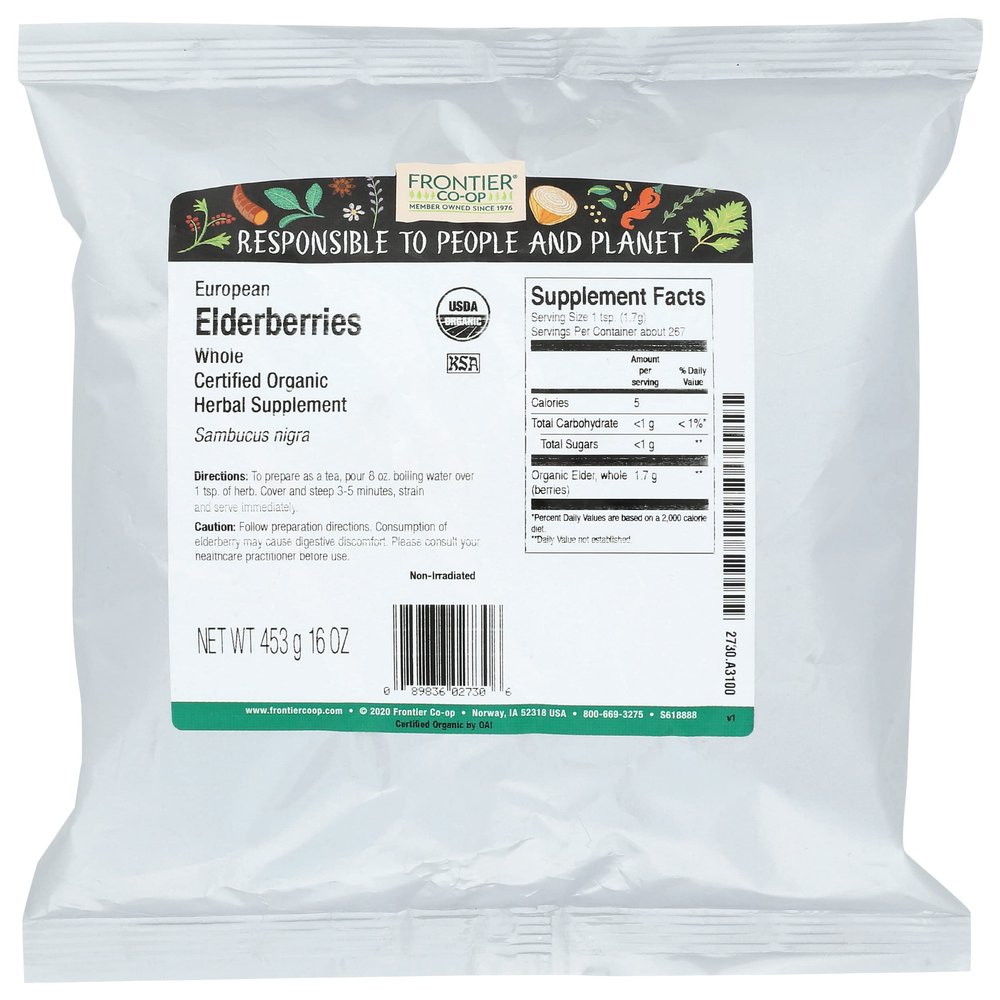 Frontier Herb Organic Whole European Elderberries, Kosher, USDA Certified Organic, 16 Ounce (Pack of 1)