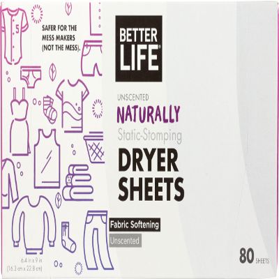 Better Life Natural Dryer Sheets, Unscented, 80 ct Pack of 6