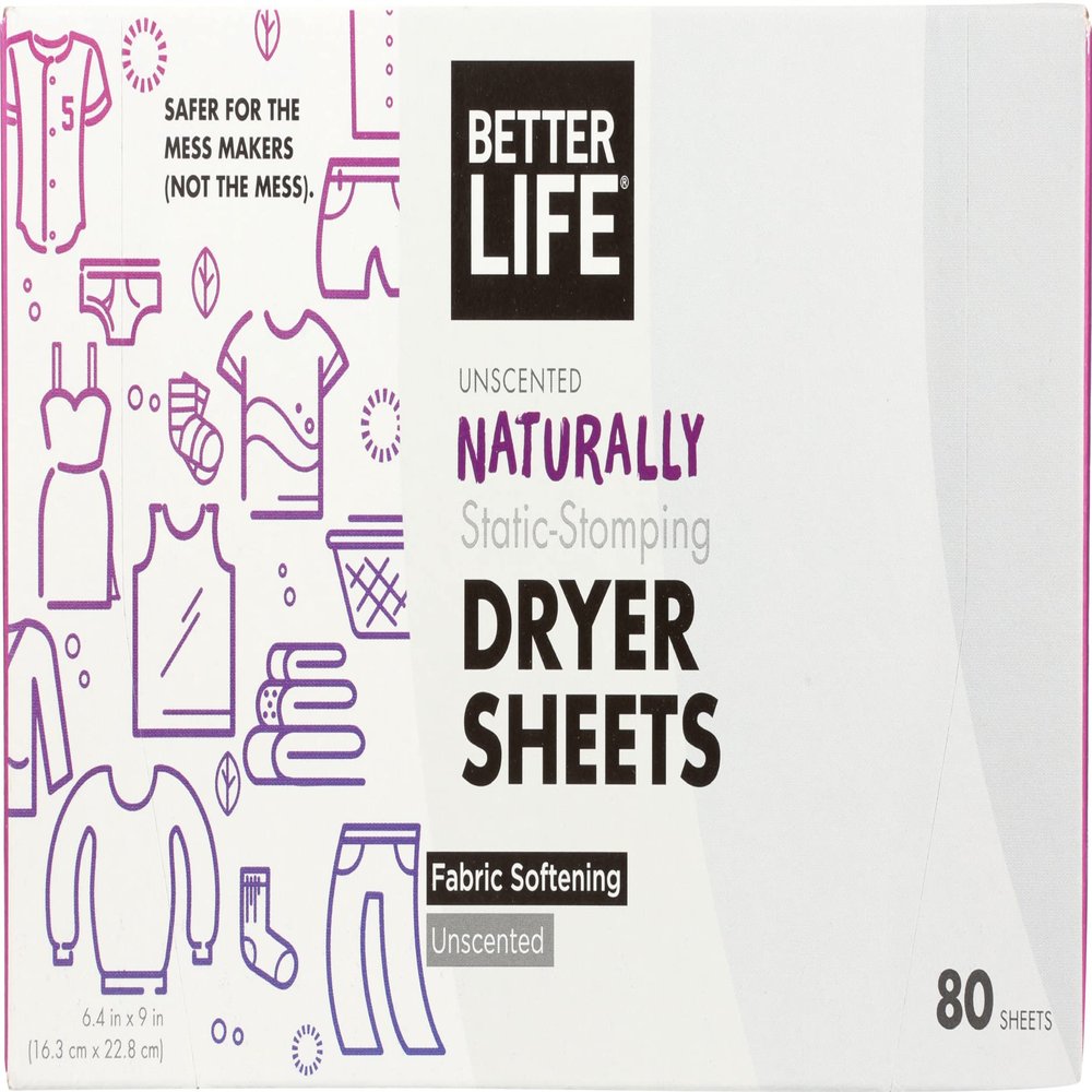 Better Life Natural Dryer Sheets, Unscented, 80 ct Pack of 6