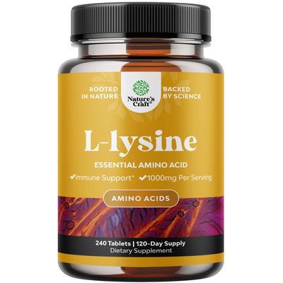 Natures Craft L Lysine 1000mg per Serving Nutritional Supplements - L-lysine Essential Amino Acids for Eye Health Lip Care Bone Support Immune System Muscle Growth and Vegetarian Collagen 240 Tablets