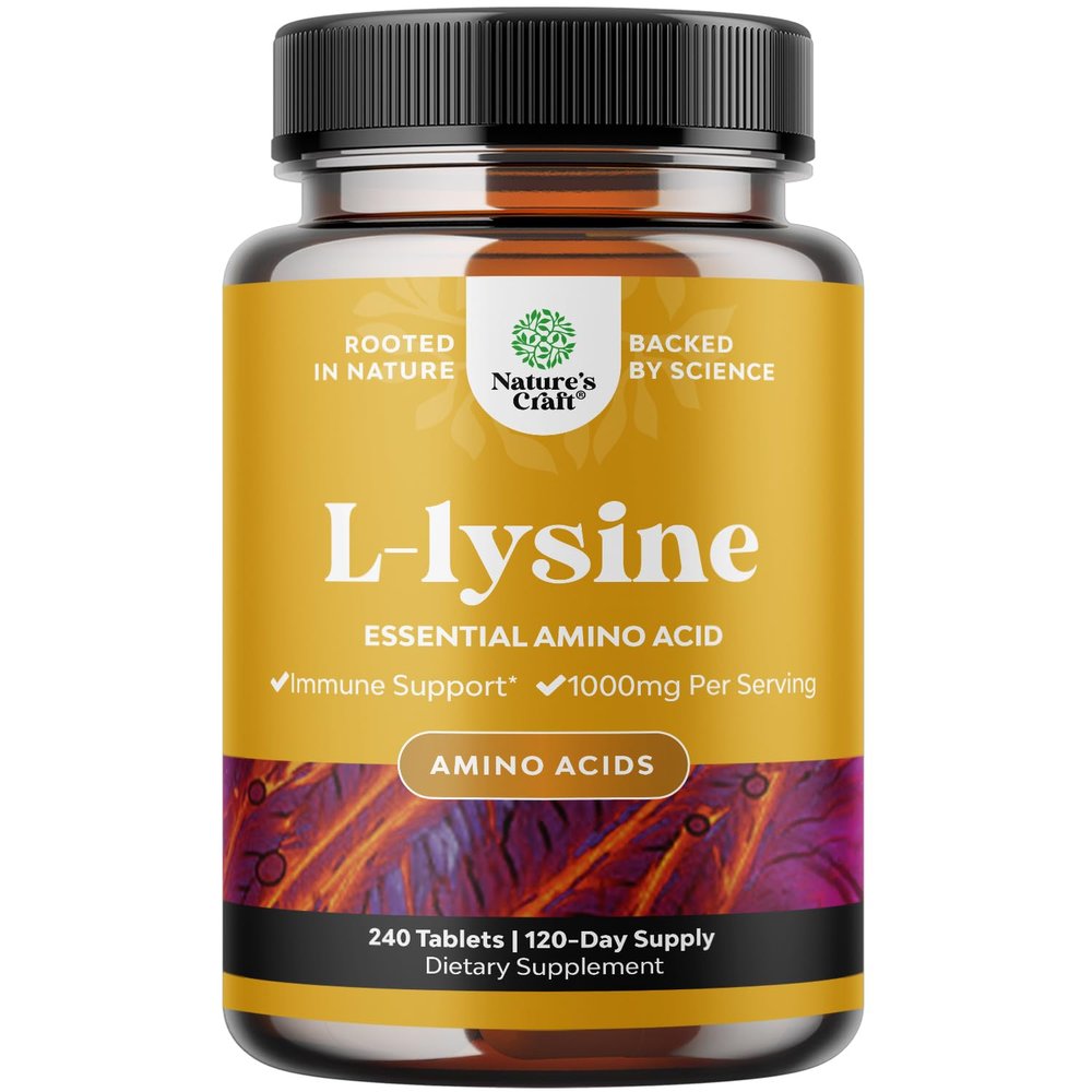 Natures Craft L Lysine 1000mg per Serving Nutritional Supplements - L-lysine Essential Amino Acids for Eye Health Lip Care Bone Support Immune System Muscle Growth and Vegetarian Collagen 240 Tablets