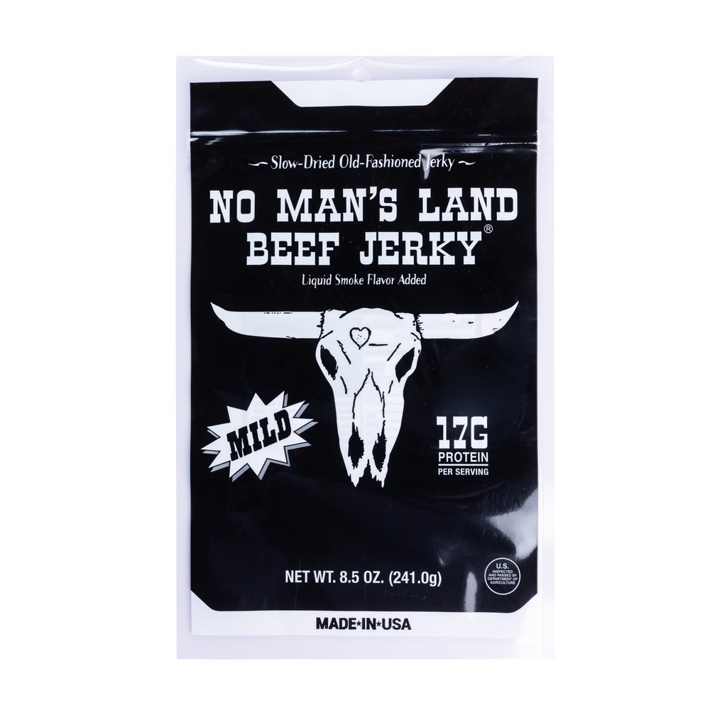 No Mans Land Premium Beef Jerky | 17G High Protein, Low Carb, Low Calorie Beef Snack | Slow-Dried, Smoked & Seasoned Jerky Strips | MILD 8.5oz Bag