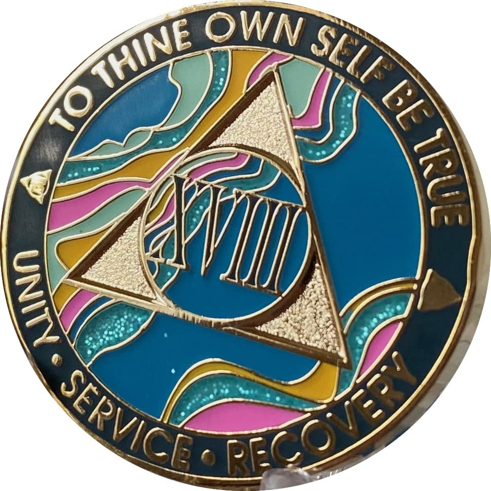 18 Year AA Medallion Elegant Marble Tahiti Teal Blue and Pink Gold Plated Chip