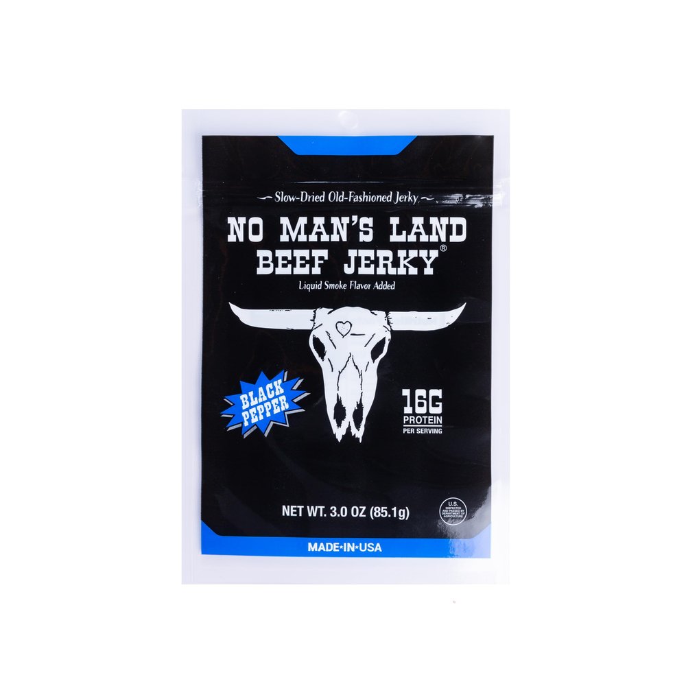 No Mans Land Beef Jerky - Black Pepper | Slow-Dried, Smoked & Seasoned Jerky Strips | High Protein, Low Carb, Low Calorie Beef Snack | Gluten Free - 3oz Bag