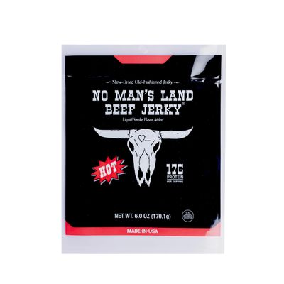 No Mans Land Slow-Dried Beef Jerky | 17G Protein, Low Carb, Low Calorie Beef Snack | Smoked & Seasoned Jerky Strips | HOT 6oz Bag