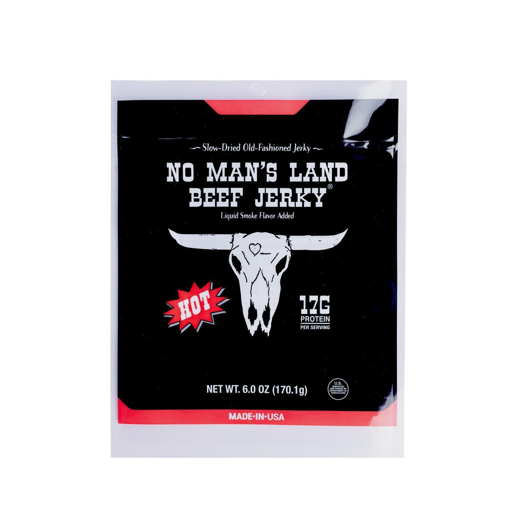 No Mans Land Slow-Dried Beef Jerky | 17G Protein, Low Carb, Low Calorie Beef Snack | Smoked & Seasoned Jerky Strips | HOT 6oz Bag
