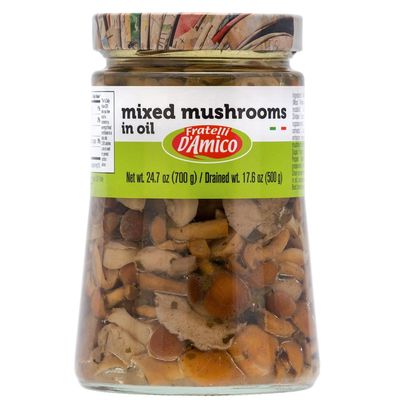 FRATELLI D'AMICO - Mixed Mushrooms in oil, Family-Size, 24.7 oz (700 g), Italian Appetizer, NON-GMO