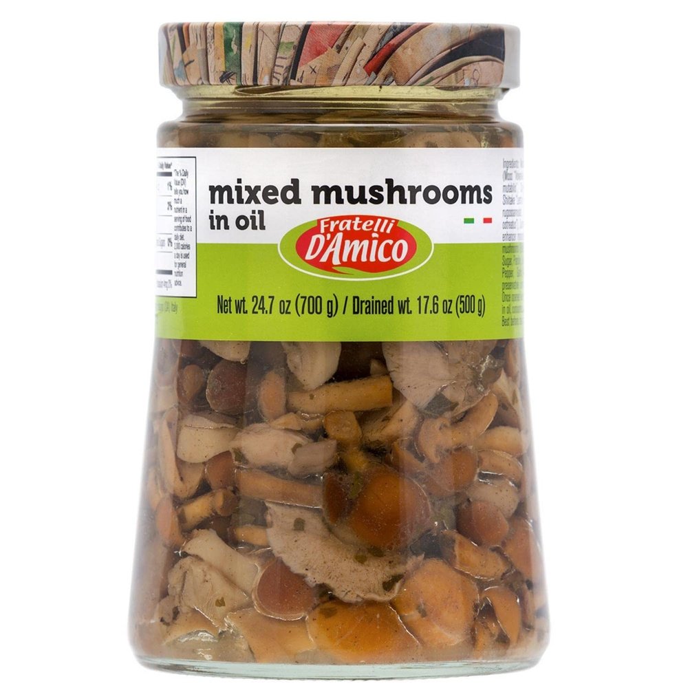FRATELLI D'AMICO - Mixed Mushrooms in oil, Family-Size, 24.7 oz (700 g), Italian Appetizer, NON-GMO