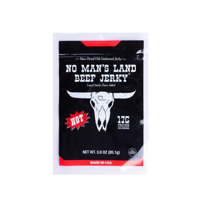No Mans Land Slow-Dried Beef Jerky | Smoked & Seasoned Jerky Strips | High Protein, Low Carb, Low Calorie Beef Snack | Gluten Free - HOT 3oz Bag