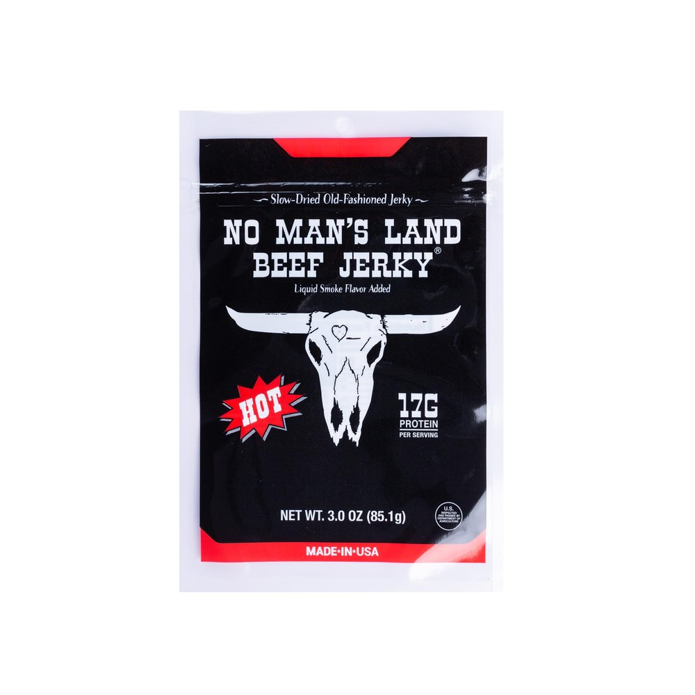 No Mans Land Slow-Dried Beef Jerky | Smoked & Seasoned Jerky Strips | High Protein, Low Carb, Low Calorie Beef Snack | Gluten Free - HOT 3oz Bag
