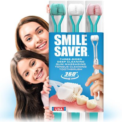 Smile Saver 360 3-Sided Toothbrush for Kids & Adults | Sustainable U-Shaped Triple Soft Bristle Heads + Tongue Scraper Braces Caregivers Kids Child Adult | Prevention Gum Massage Special Needs | USA