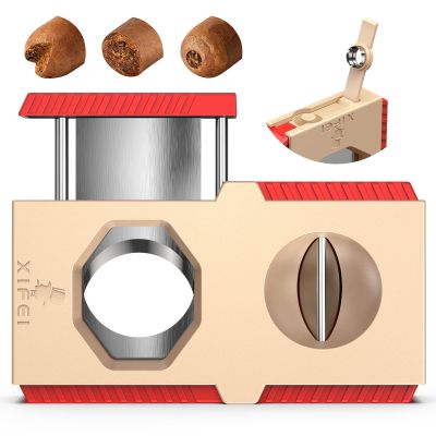 XIFEI Cigar Cutter V-Cut Guillotine 3 in 1 Straight Cut V Cutter with Cigar Punch Stainless Steel Blade Ergonomic Design Secure-Lock Cigar Clipper,Cuts Up to 60 Ring Gauge Cigars (Gold)
