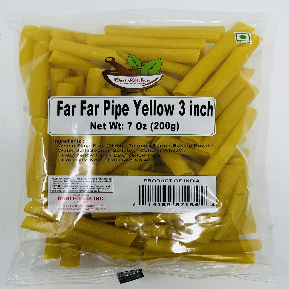 Desi Kitchen Far Far/Fryums Wheat Pellet Uncooked, great substitute of papadam/Pipe Yellow 3 Inch, 200gm (7oz)