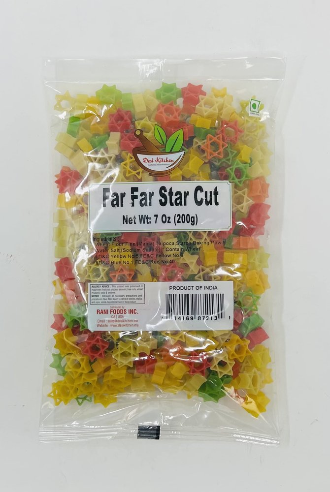 Desi Kitchen Far Far/Fryums Wheat Pellet Uncooked, great substitute of papadam/Star Cut, 200gm (7oz)