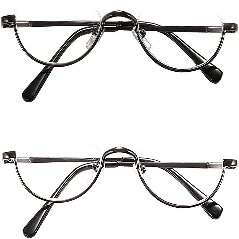 REAVEE 2 Pack Half Lens Reading Glasses for Men Women Spring Hinge Metal Half Frame Readers Slim Half Moon Eyeglasses with Pouch, Black and Gun Grey 3.5