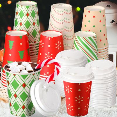 Funtery 36 Set 12 oz Christmas Day Paper Cups with Lids Disposable Paper Cups Christmas Hot Cocoa Party Supplies for Coffee Tea Beverage,6 Styles