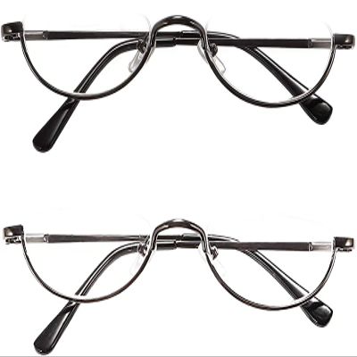 REAVEE 2 Pack Half Lens Reading Glasses for Men Women Spring Hinge Metal Half Frame Readers Slim Half Moon Eyeglasses with Pouch, Black and Gun Grey 1.5