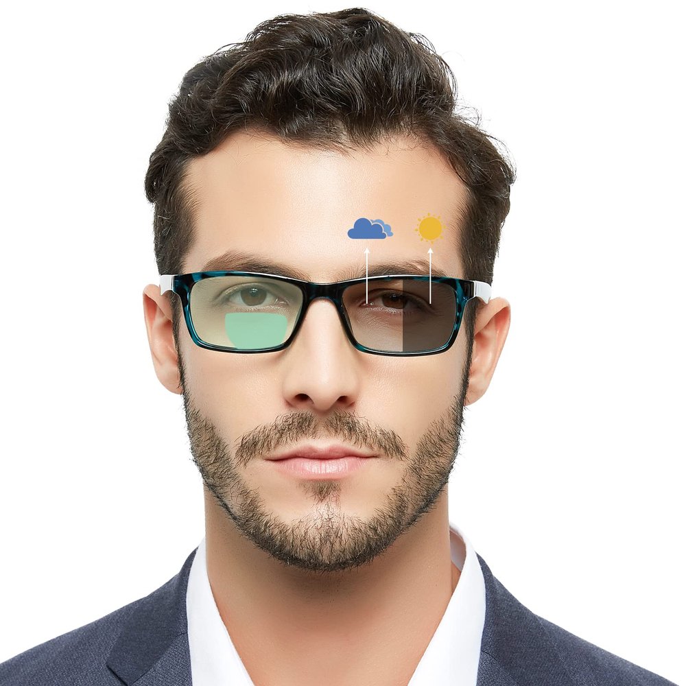 OCCI CHIARI Photochromic Bifocal Reading Glasses Mens,Transition Square UV Protection Sunglasses Readers 1.0 1.5 2.0 2.5 3.0 3.5 4.0(Blue +350)