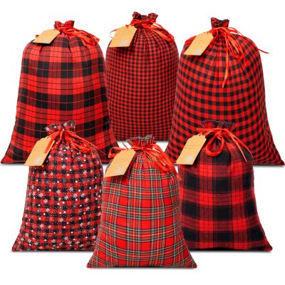 OuMuaMua Fabric Christmas Gift Bags with Drawstring - 6 Pack Cloth Buffalo Plaid Bag with Kraft Gift Tags for Christmas Holiday Present Gift Wrapping