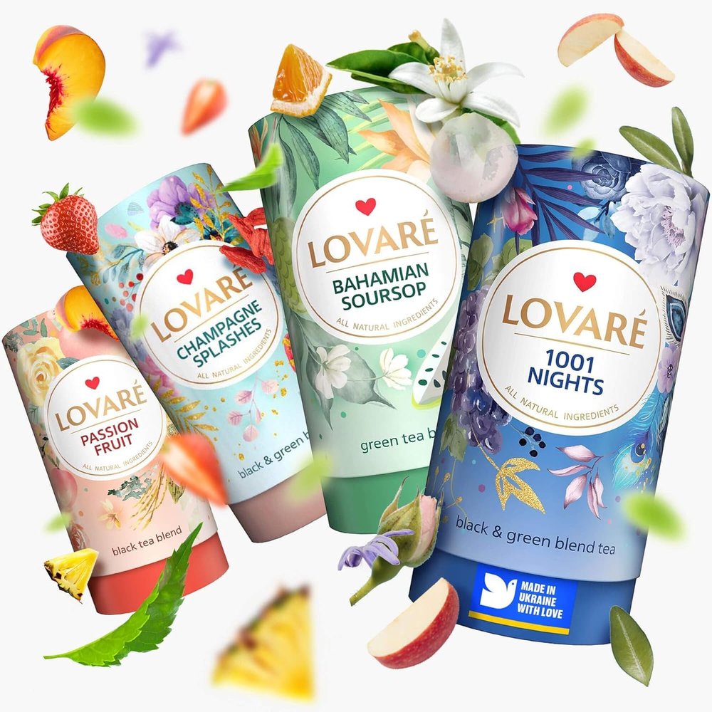 LOVARE Loose Leaf Tea 80 g - Made in Ukraine - Assorted Tea - 1001 Night, Passion Fruit, Sparkling Splashes, Bahamian Soursop - Gift Box with 60 Paper Filters Easy to Brew Flavored tea