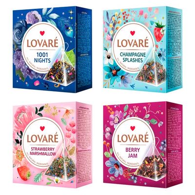 LOVARE Assorted Tea Variety Pack of 60 Pyramids - Made in Ukraine - Set of 4 Pyramid Tea Bags Boxes  1001 Nights, Strawberry Marshmallow, Sparkling Splashes, Berry Jam - Flavored tea Pyramid Bags