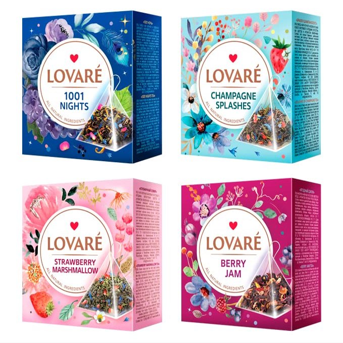 LOVARE Assorted Tea Variety Pack of 60 Pyramids - Made in Ukraine - Set of 4 Pyramid Tea Bags Boxes  1001 Nights, Strawberry Marshmallow, Sparkling Splashes, Berry Jam - Flavored tea Pyramid Bags
