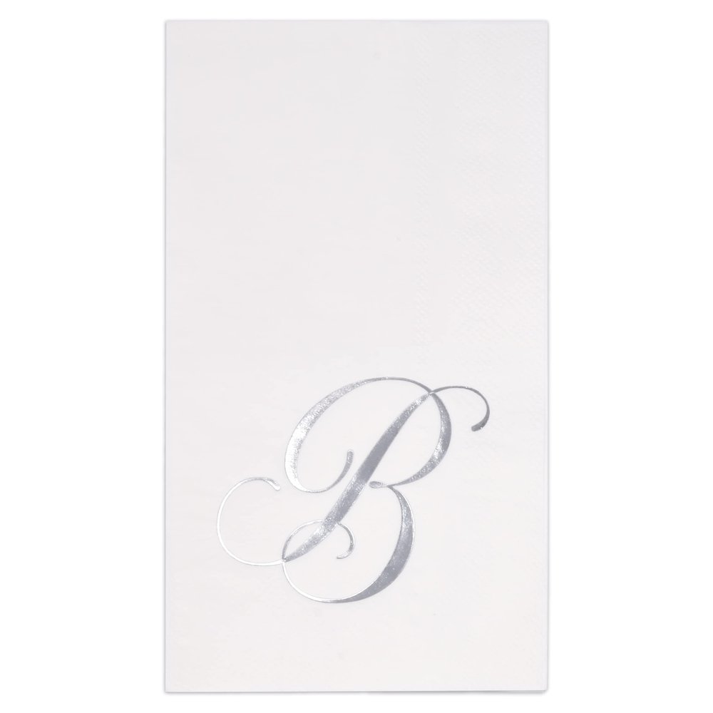 Gift Boutique - 100 Silver Monogram on White Guest Napkins, Letter B Disposable Paper Pack Elegant Metallic Silver Foil Hand Napkin for Bathroom, Powder Room Wedding, Birthday Party Decorative Towels