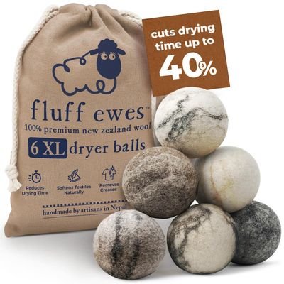 Fluff Ewes Wool Dryer Balls 6 Pack Premium New Zealand Wool Laundry Balls for Dryer, No Static Dryer Balls Laundry Reusable Cute, XL Wool Dryer Balls Cute, Baby Dryer Balls for Dryers - Marble