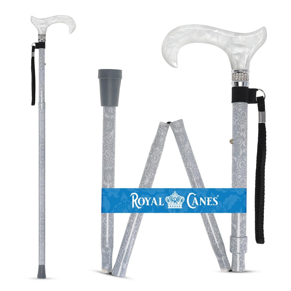 Royal RC Cane Rhinestone Designer Folding Cane  Pearlz Graceful Lace, Adjustable Lightweight Aluminum Walking Stick with Shiny Rhinestone Collar & Curved Handle for Men and Women