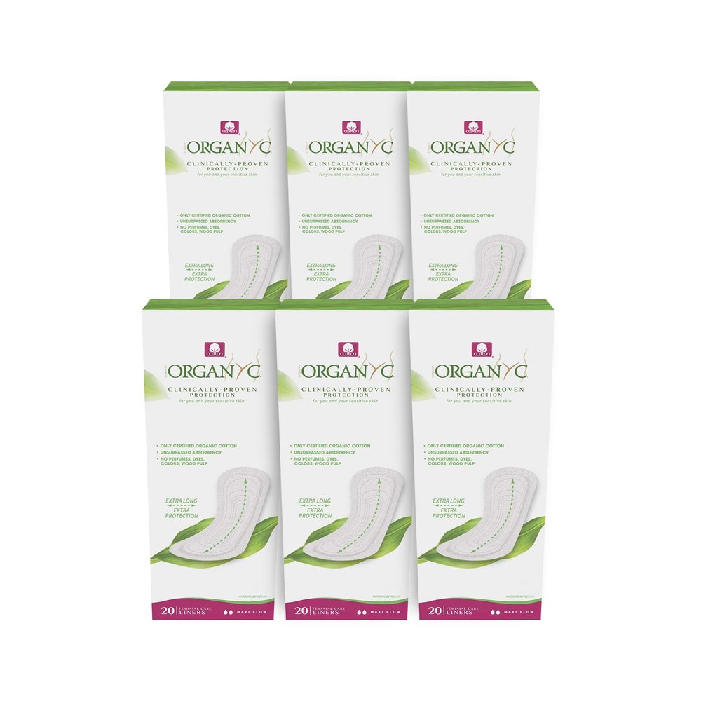 Organyc - 100% Certified Organic Cotton Inside and Out Flat Panty Liner - Everyday Sanitary Pad, Free from Wood Pulp, Perfumes, SAP and Chemicals, Maxi Flow, 120 Count(6 Pack, Maxi Flow)