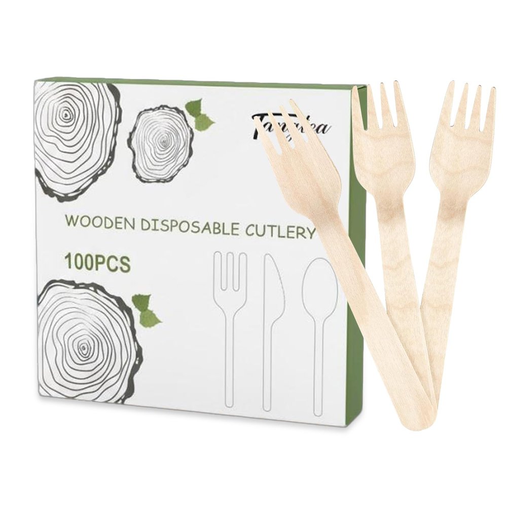 TANGTEA 100 Pack Disposable Wooden Forks 6.2 Inch Splinter-Free Birch Cutlery Sturdy Natural Wood Utensils for Weddings, BBQ, Parties & Camping Smooth Unwaxed 100% Natural Wood Forks
