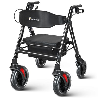 FlyingJoy Rollator Walkers with Seat,450Lb Rolling Walkers,23.76lbs(10.8kg) Extra-Wide Heavy-Duty Rollator Walkers with Seat and Brakes for Seniors and Adults Bariatric with Large Aluminum (Black)