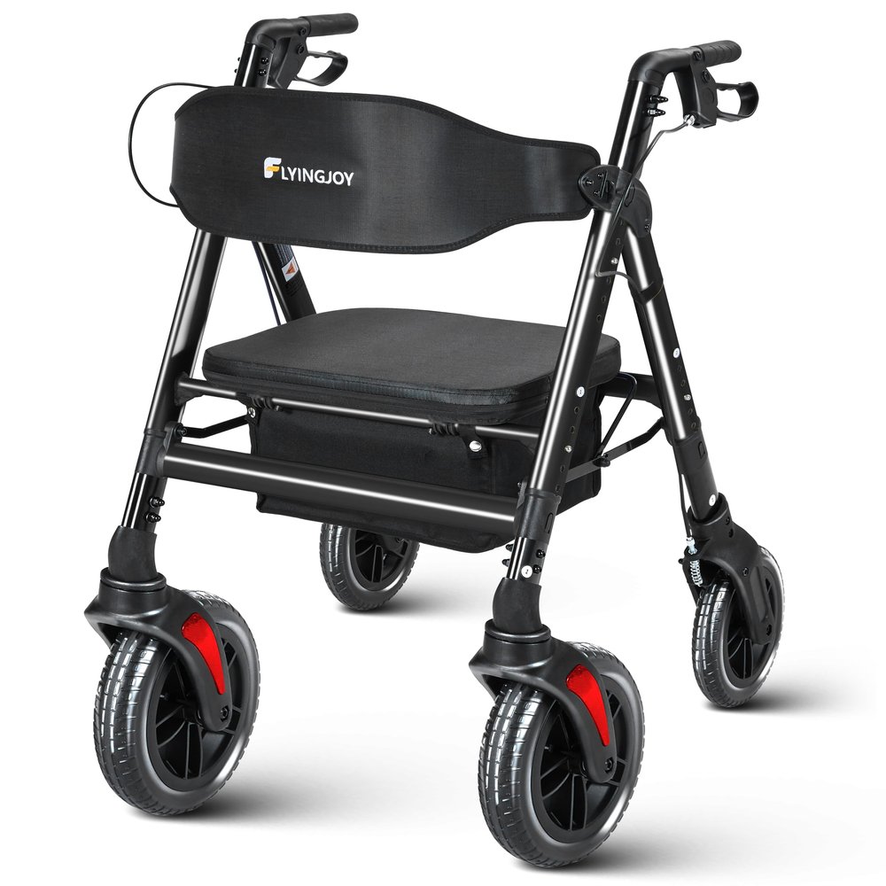 FlyingJoy Rollator Walkers with Seat,450Lb Rolling Walkers,23.76lbs(10.8kg) Extra-Wide Heavy-Duty Rollator Walkers with Seat and Brakes for Seniors and Adults Bariatric with Large Aluminum (Black)